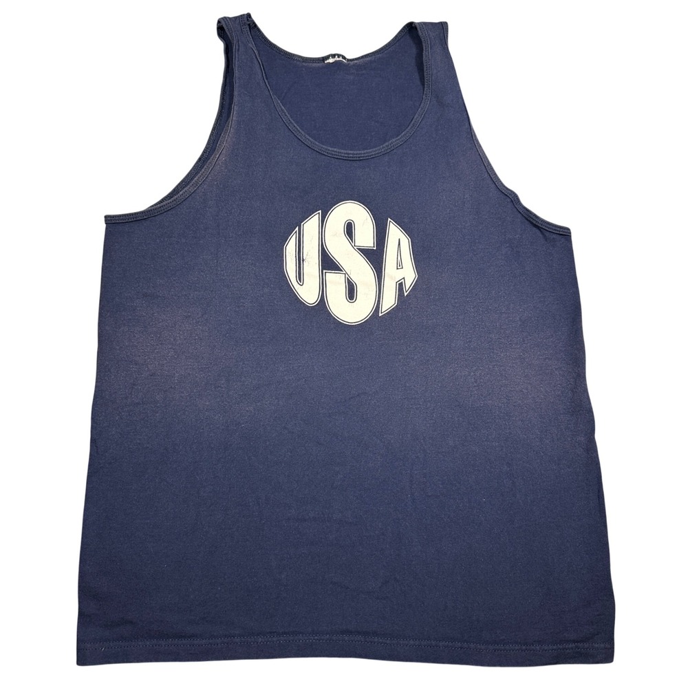 Vintage 80s/90s USA Graphic Tank Top Navy Blue Sleeveless Shirt Mens